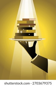 Eine Illustration einer Handschuhhand, die elegant ein mit Büchern gestapeltes Tablett hält. Die Szene verwendet warme Goldtöne, die Wissen, Wert, Lernen und erstklassigen Service symbolisieren