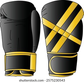 the illustration of the gloves for sport called boxing, black and gold color.