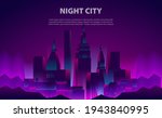 Illustration glow neon color night city skyscraper building with the electric light for background template