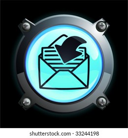 Illustration of a glowing blue arrow and letter in an envelope button