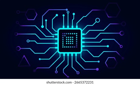 Illustration of a glowing blue microchip with circuit lines and geometric shapes symbolizing advanced technology and digital connectivity.