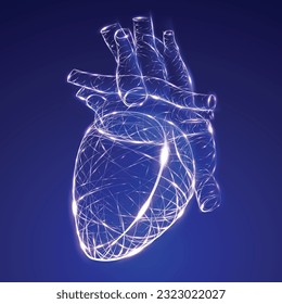 Illustration of glowing curved lines in the shape of a heart on a dark blue background. Medical and commercial use.