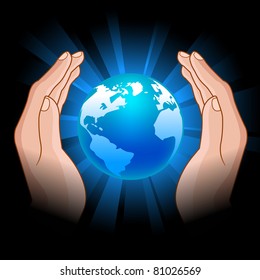 illustration of  the glowing globe in human hands