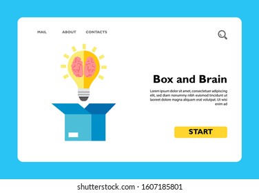 Illustration of glowing light bulb with brain. Box and brain, creativity, intelligence. Business idea concept. Can be used for topics like business idea, creativity, inspiration