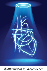 Illustration of glowing lines forming the shape of a human heart. Used in medical, scientific, industrial, advertising, and commercial applications.