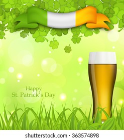 Illustration glowing nature background with glass of beer, clovers, grass and Irish flag for St. Patrick's Day - vector