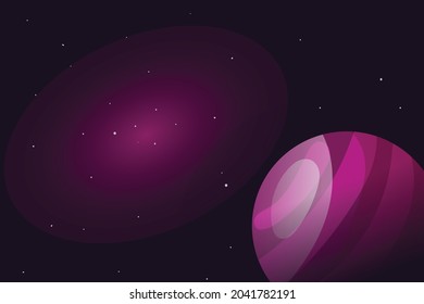 Illustration glowing night fantasy purple alien planet in galaxy vector background.