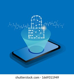 Illustration glowing padlock on screen smart phone for technology background or banner promotion