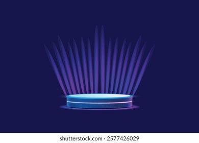 Illustration of a glowing podium stage with futuristic blue and purple lighting effects. The dark backdrop provides focus on the podium with dramatic lighting, perfect for presentations, awards or fut