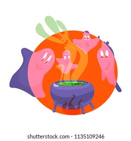 Illustration of a glowing pot with a potion and cast.  Halloween postcard poster. 