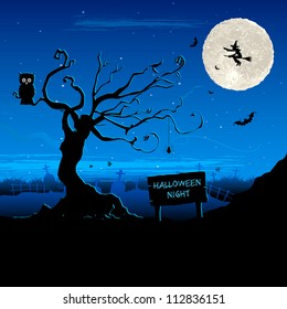 illustration of glowing pumpkin on scary tree in halloween night