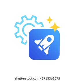 Illustration of a glowing rocket with gears. Application update ready, software launch. For application development innovation