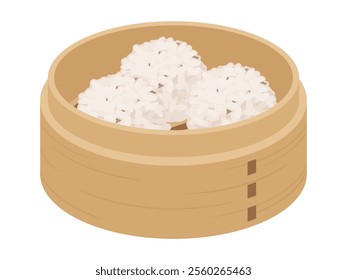 Illustration of glutinous rice dumplings in a bamboo steamer