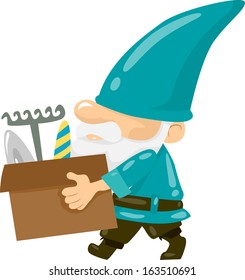 Illustration of a Gnome Carrying a Box of Gardening Tools