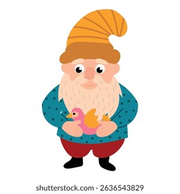 Illustration of Gnome Holding a Bird. White background, isolate