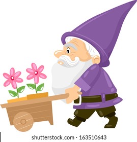 Illustration of a Gnome Pushing a Cart Carrying Flower Pots