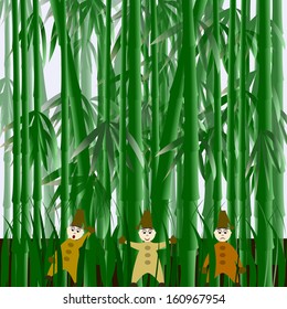 Illustration with gnomes in the field of bamboo