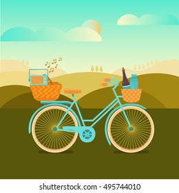 Illustration To Go Camping Or A Picnic. Vector Background With Landscape And Bicycle. Banner Weekend Outdoors. Set Of Elements: Bike, Basket, Recorder, Wine. Activity And Sport In Nature.