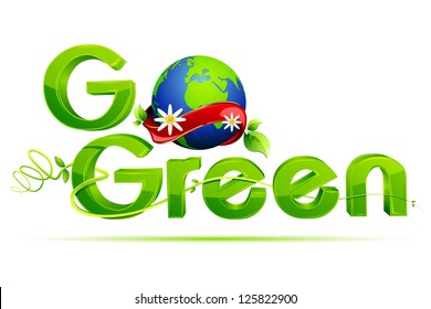 illustration of go green text with globe wrapped with ribbon