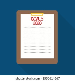 illustration of the goal for 2020. a sheet of paper on a brown tablet with lines under your text on a blue background in flat style. for design, blogs, banners, etc.