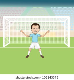 illustration of a goal keeper standing in front of a soccer goal.