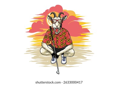 illustration of a goat carrying a golf club in the afternoon, in cartoon style