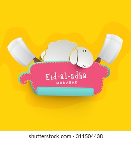 Illustration of goat with cleaver knife on yellow background for Islamic Festival of Sacrifice, EId-Al-Adha celebration.