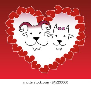 Illustration of goat couple inside small hearts forming a bigger heart shape