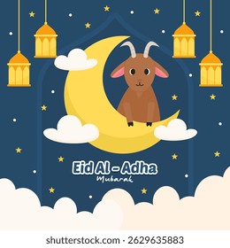 Illustration of goat and crescent moon to celebrate Eid al-Adha.