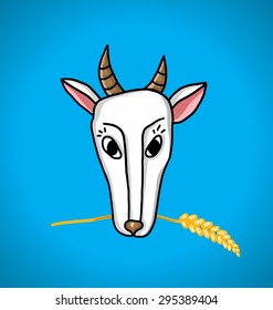 illustration goat with ears of wheat in the mouth on a blue background