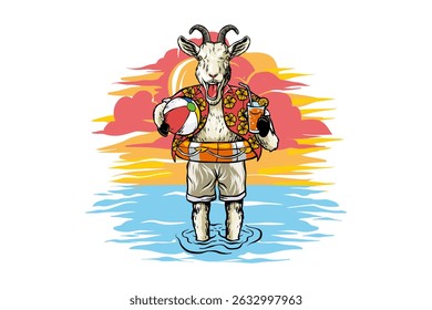 Illustration of a goat enjoying the beach with a balloon and a drink in the afternoon, in cartoon style