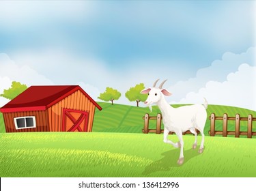 Illustration of a goat in the farm with a wooden house at the back