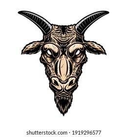 Ilustración de la cabeza de cabra. Elemento de diseño para tarjeta de afiche, logotipo, emblema, signo. Ilustración del vector