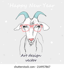 Illustration goat head, drawing hands, New Year 2015, vector