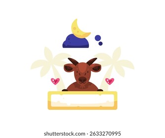 illustration of a goat looking happy while holding a wooden board. concept of sacrificial animal or qurban. cute and adorable animal characters. flat style design. Eid al-Adha and celebration