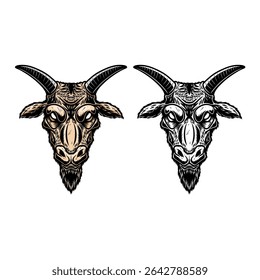 Illustration of goat in monochrome and color styles. Design element for t shirt, emblem, badge. Vector illustration