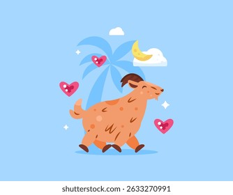 illustration of a goat with a palm tree silhouette, heart symbol, clouds and a crescent moon. sacrificial animal or qurban concept. cute and adorable animal characters. flat style design. eid al-adha