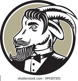 Illustration of a goat ram with big horns and moustache beard wearing tuxedo suit looking to the side set inside circle done in retro woodcut style. 