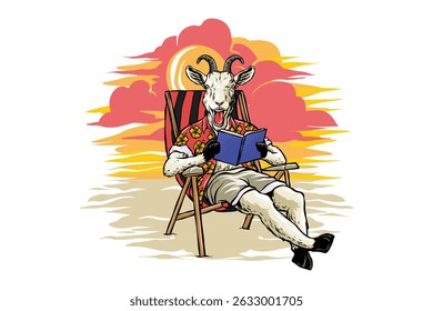 illustration of a goat reading a book in the afternoon, in cartoon style