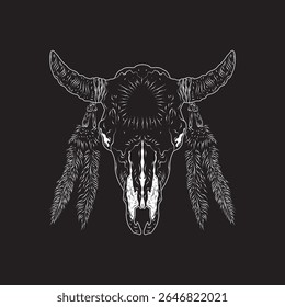 Illustration of a goat skull design with fur elements on the right and left horns. Suitable for icons, symbols, logos, or other design needs