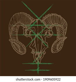 Illustration with goat skull. Hand drawn. Vector.