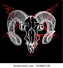 Illustration with goat skull. Hand drawn. Vector.