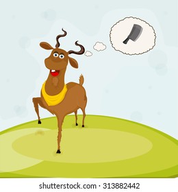 Illustration of a goat thinking about his sacrifice on nature background for muslim community festival of Eid-Ul-Adha celebration.