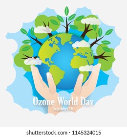 Illustration of Gobal warming.The Ozone help to protection against heat and sun rays.Everyone's hand can save the world from the greenhouse effect.Ozen world day.