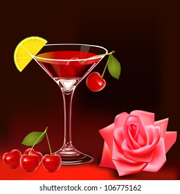 illustration with goblet rose and ripe cherry