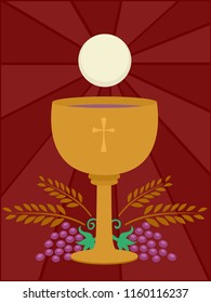 Illustration of a Goblet with Wine and Eucharist Bread with Grapes and Wheat Below. Holy Communion