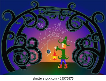 Illustration goblin approaches to tree with spider