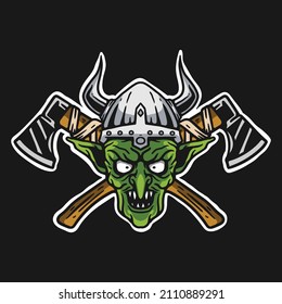 illustration of goblin warrior with axe on black background