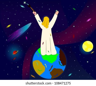 Illustration of God creating space, planets and stars