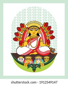 Illustration of god durga maa and four soon, ganesh, laxmi, saraswati and kartikey